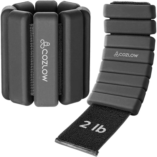 Cozlow - Ankle & Wrist Weights for Men & Women - Set of 2 2 lb each Black - Adjustable Silicone Workout Bands for Fitness & Strength Training - Wearable Leg & Cuff Weight Straps for Yoga & Dance