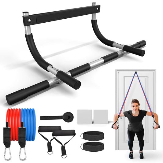 Adjustable Door Frame Chin Up Bar w/ Resistance Band Set